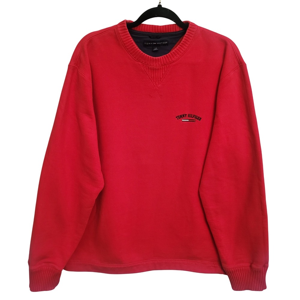 Tommy‎ Hilfiger Red Crewneck Sweatshirt Mens Large Embroidered Logo Vantage